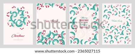 Set greeting cards Merry Christmas, Happy New Year with vector hand drawn floral background. Winter Holidays template with copy space. Trendy retro style.  Illustration of printing, instagram poster