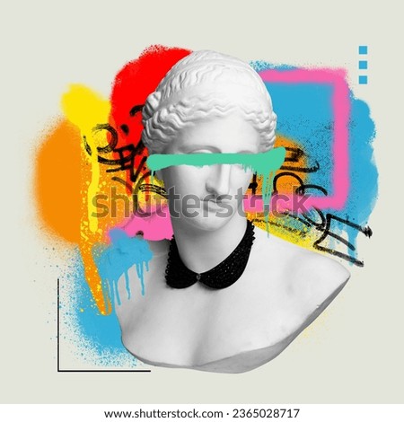 Antique statue bust painted colorful graffiti over light background. Street style. Contemporary art collage. Concept of postmodern, creativity, abstract art, imagination, pop art. Creative design