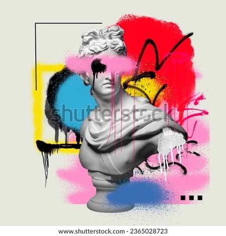 Antique statue bust painted in colorful paints, graffiti over light background. Street style. Contemporary art collage. Concept of postmodern, creativity, imagination, pop art. Creative design Royalty-Free Stock Photo #2365028723