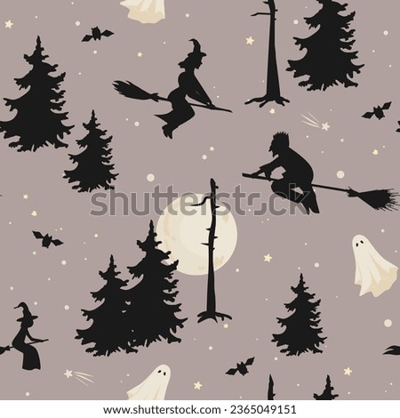 Night seamless background with withes and ghost flying above the forest in the night sky. Vector clip art for Halloween Party.
