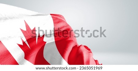 Canada national flag cloth fabric waving on beautiful light grey Background.