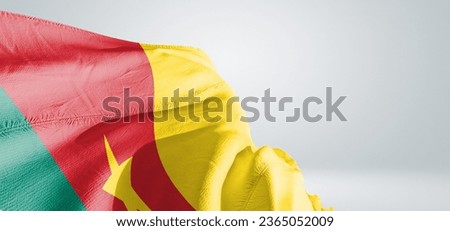 Cameroon national flag cloth fabric waving on beautiful light grey Background.