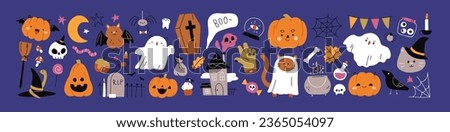 Cute Halloween set. Funny pumpkin, kawaii ghost, bat, web, broom, coffin. October holiday design elements, stickers, cat in witch hat, skull. Isolated kids childish flat graphic vector illustrations