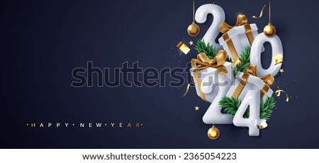 2024 which Gift Box. Merry Christmas and Happy New Year 2024 greeting card. Holyday decorative elements for Poster, banner, cover card, brochure, flyer, layout design. Royalty-Free Stock Photo #2365054223