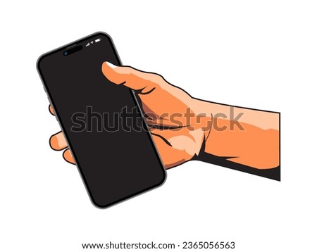 Smartphone in hand. Retro comic pop art hand holding a smart phone with empty screen. Vector illustration.