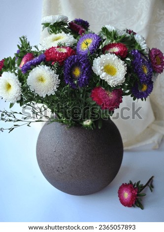 Floral concept. A bouquet of pink, lilac, purple and white asters, chrysanthemums in a brown round vase on a white, pastel background. Postcard, place for text.