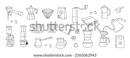 Manual alternative coffee brewing methods and tools hand drawn doodle style icons. Set of coffee utensils outline thin line graphics. Vector flat style isolated elements for cafe, menu, coffee shop. Royalty-Free Stock Photo #2365062943