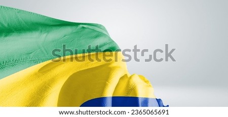 Gabon national flag cloth fabric waving on beautiful light grey Background.