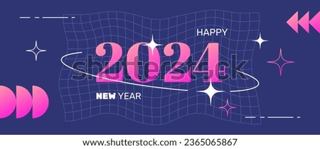 New 2024 year postcard in a retro y2k aesthetic, party banner, greeting, invitation, vector art with graphic shapes, frames and stars. Royalty-Free Stock Photo #2365065867