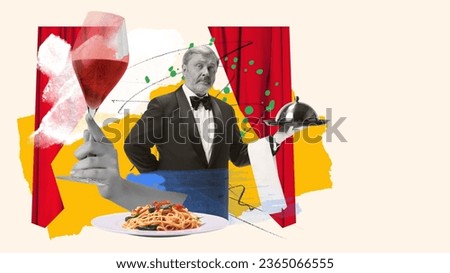 Senior man, waiter of restaurant serving food, delicious pasta and red wine. Contemporary art collage. Concept of profession, occupation, work, creativity, job fair, hobby, ad
