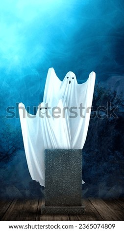 White ghost with a gravestone on the wooden floor with the misty forest background. Cute Halloween Wallpaper concept