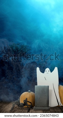White ghost and pumpkin with a gravestone on the wooden floor with the misty forest background. Cute Halloween Wallpaper concept