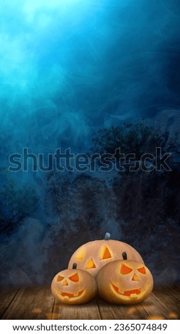 Jack-o-Lantern in the wooden floor with the misty forest background. Cute Halloween Wallpaper concept