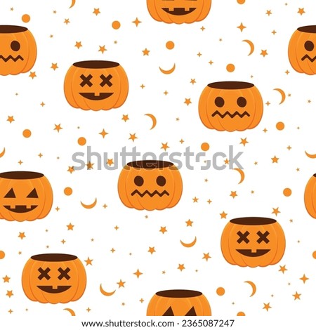 Halloween pattern vector. seamless pattern with pumpkins with cut out eyes and mouth on a white background with stars