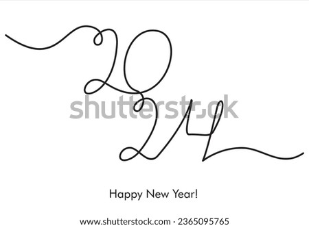 2024 one line art, hand drawn continuous contour. Holiday concept, festive lettering. New year handwriting text, sketch style, minimalist design. New year card Royalty-Free Stock Photo #2365095765