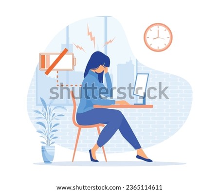  stress in the office, Stressed unhappy upset tired girl in office suffering of pain,  flat vector modern illustration