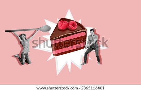 Collage artwork of excited people jumping and sweet cake