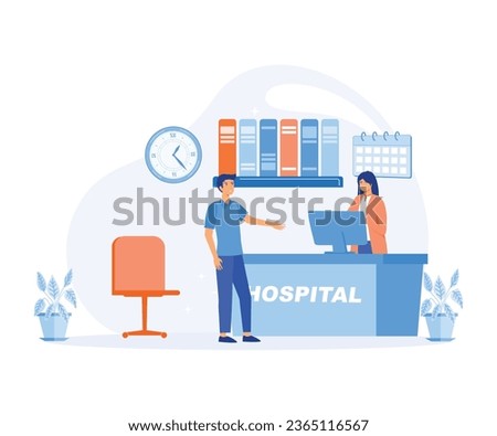 Hospital reception concept, Man asks a question to the hospital register office,  flat vector modern illustration  Royalty-Free Stock Photo #2365116567