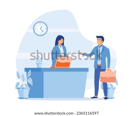 Hotel receptionist, customer standing at reception desk and talking to female receptionist. flat vector modern illustration  Royalty-Free Stock Photo #2365116597