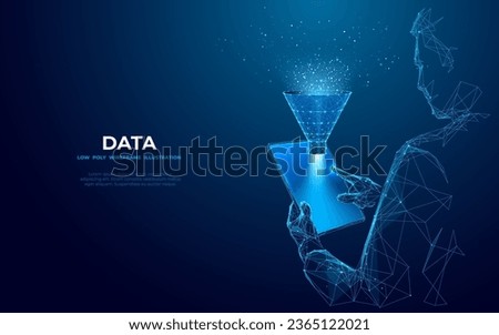 Abstract close-up businessman holding tablet device with funnel on empty screen. Big data analitics concept. Vector illustration in futuristic  low poly wireframe style on dark blue background. Royalty-Free Stock Photo #2365122021