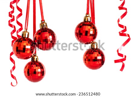 Christmas decoration, red balls  and  ribbons on white background.  Christmas and New Year's Day  wallpaper, greeting card