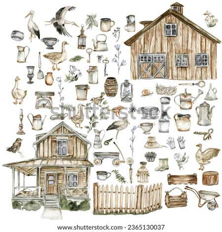Watercolor illustration of an old country wooden house and farm elements. Hand drawn illustration perfect for wedding invitation, greetings card, posters.