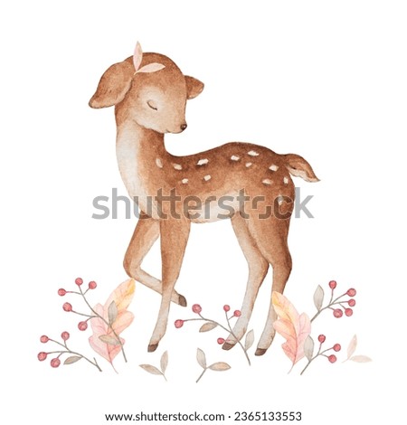 Little Deer Watercolor, Woodland Animals, Baby Deer, Watercolor Fawn, Red Berries, Baby Clipart, Baby Poster, Nursery Wall Art Animals