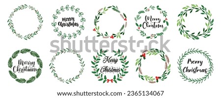 Christmas wreath with winter floral elements. Merry Christmas wreath with text. Christmas decoration wreath frame. Winter Christmas wreath Royalty-Free Stock Photo #2365134067