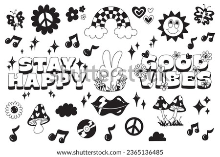 Set of hand drawn retro groovy elements. hippy collection. vector illustration