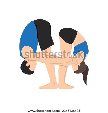 Young couple stretching bending all the body. Hands to feet yoga pose. Ragdoll couple yoga pose. Flat vector illustration isolated on white background