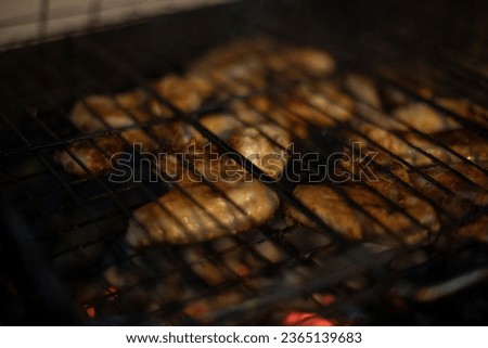 Meat fried in lattice. Cooking meat. Brazier with charcoal. Protein food.