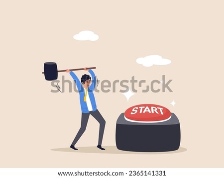Motivation concept. Push start button to start new business, entrepreneur to begin new company, startup launch project, opportunity, decision to make, businessman run to push red start button. Royalty-Free Stock Photo #2365141331