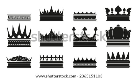Black king crown. Medieval nobleman ranking emblem silhouette, luxury monarchy insignia, success and victory award. Vector isolated set. Coronation royalty symbol for prince and princess Royalty-Free Stock Photo #2365151103