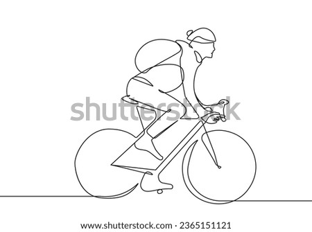 Woman Biker One Line Drawing. Woman on Bicycle Abstract Minimal Linear Drawing. Continuous One Line Sport Illustration. Modern Trendy Contour Drawing. Vector EPS 10. 