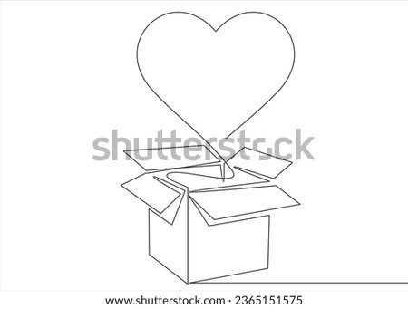 gift box open heart floating background love valentine concept. one line continuous drawing. 