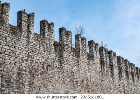 Detail of Battlements of the Walls of the Castle of the City Of Trento, In the North Of Italy, on blurred background