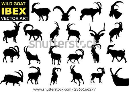 Wild Goat Ibex Vector Art, A stunning collection of black silhouettes of wild goats or ibexes in various dynamic poses, perfect for logos, emblems, and graphic designs. High-quality vector art Royalty-Free Stock Photo #2365166277