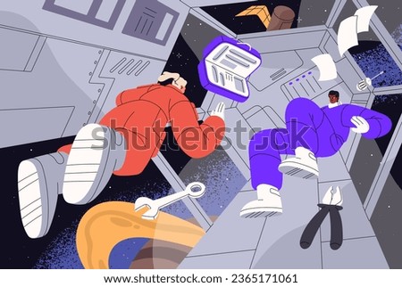 Zero gravity inside spaceship. Shuttle crew flying in weightlessness on International Space Station. Cosmonauts floating with tool in cosmos ship cabine. People in spacecraft. Flat vector illustration Royalty-Free Stock Photo #2365171061