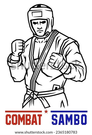 Combat sambo fighter. Vector illustration of a sambo fighter in a rack. Combat sambo logo. A fighter in a kimono and a helmet.
 Royalty-Free Stock Photo #2365180783