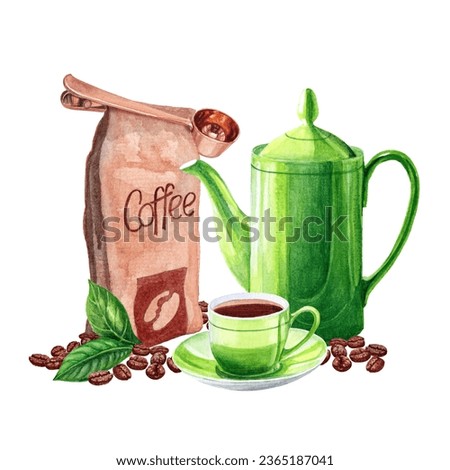 Watercolor illustration whith coffee cup, teapot, roasted coffee in a package, and red coffee beans on a branch whith leaves