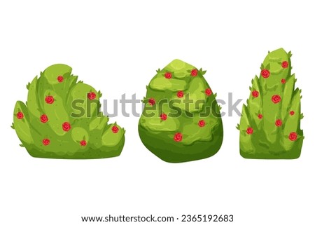 Set Hedge green bush with red flowers forest or backyard plant with leaves in cartoon style isolated on white ackground. Game decoration, clip art.