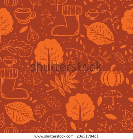 Autumn, vintage seamless pattern. Embroidery art. Leaves, acorns, wild forest. Fashionable template for design of clothes, t-shirt design