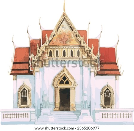 Watercolor style flat drawing of the Thai historical landmark monument of the WAT BENCHAMABOPHIT DUSITVANARAM, BANGKOK