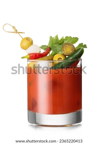 Glass of vodka and tomato juice bloody mary cocktail with spicy snack on cocktail stick on white. Royalty-Free Stock Photo #2365220413