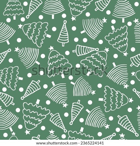 Seamless pattern with doodle Christmas trees on a green background. Christmas pattern for gifts. Christmas trees with snowballs. Flat vector illustration