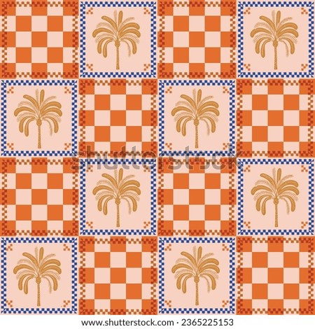Retro chess pattern with  palm leaves. A collection of groovy cliparts from 70s, 60s. Trend vector illustration.Design for fashion , fabric, textile, wallpaper , wrapping and all prints 