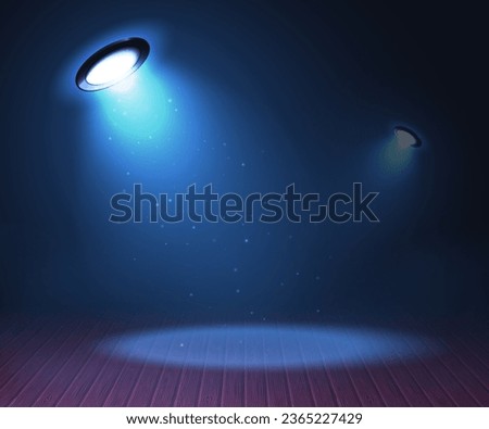 Scene with wooden floor illuminated by a bright spotlight on a dark blue background. Royalty-Free Stock Photo #2365227429