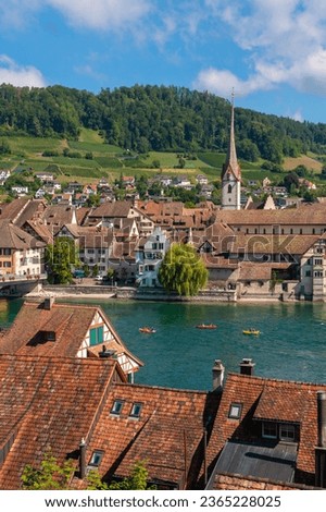 Beautiful panoramic view of Stein Am Rhein town on Rhine River in beauty Swiss canton of Schaffhausen, Sensational landscape and clear blue sky in warm sunny summer day.  Royalty-Free Stock Photo #2365228025