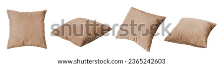 Decorative beige rectangular pillow for sleeping and resting isolated on white background. Set of different angles of cushion for home interior decor, pillowcase mockup, template for design. Royalty-Free Stock Photo #2365242603