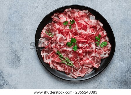 sliced cured ham, prosciutto, italian dish, delicacy, parma ham, top view, no people, Royalty-Free Stock Photo #2365243083